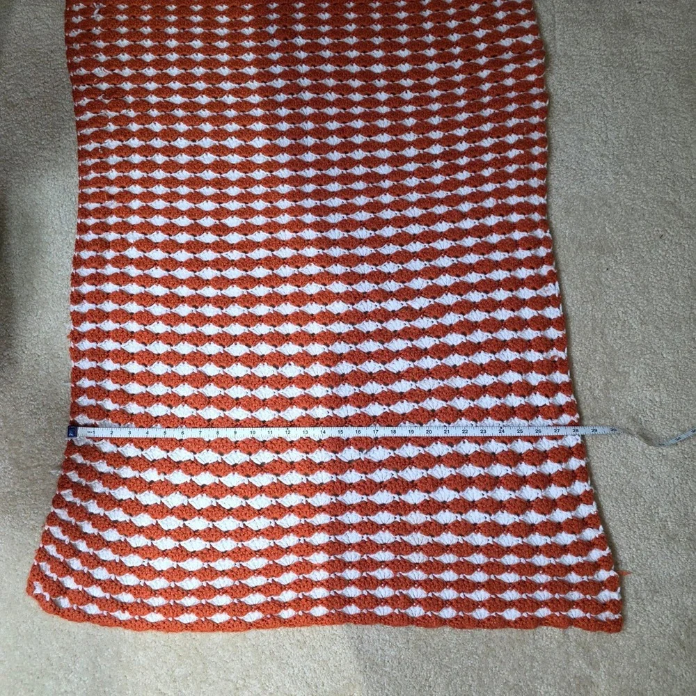 Handmade Crochet Shell Stitch Throw Blanket Burnt Orange White Striped 38x28